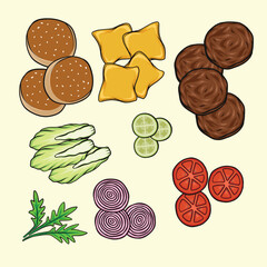 Recipe Ingredients for making Delicious Burger or Hamburger with fresh buns, lettuce, cheese, tomato, Grilled Meat with shrimps, onion and cucumbers . Vector food Illustration.