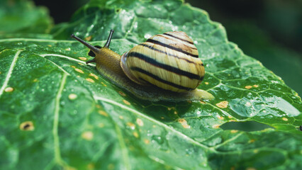 garden snail sits on a green leaf