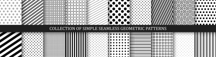 Collection of vector geometric seamless patterns. Simple striped and dotted textures - repeatable backgrounds. Black and white unusual design, minimalistic textile prints