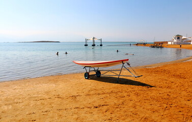 Lifeguard boat on a city beach in northern Israel.