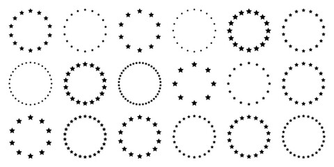 Stars of various sizes arranged in a circle. Round frame, border. Black star shape, simple symbol. Design element, ornament. Vector illustration