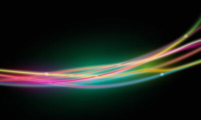 Blurred rainbow light lines glow in a dark curve on a black background Used For Decoration, Advertising Design, Website Or Publication, Banner And Poster, Cover A