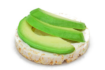Rice Cake Sandwich with Fresh Avocado and Cream Cheese - Isolated on White. Easy Breakfast. Diet...