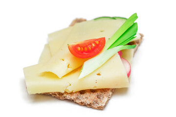 Whole Grain Crispbread with Cheese, Fresh Cucumber, Radish, Tomato and Green Onions - Isolated on White. Quick and Healthy Sandwiches. Crispbread with Tasty Filling. Healthy Dietary Snack - Isolation