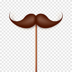 Realistic fake mustache on a wooden stick. Vintage paper mustache for carnival or holiday. Brown facial hair, hipster beard. Vector illustration