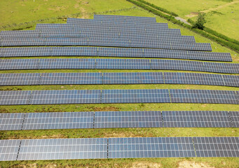 Fototapeta premium Aerial view of rows of solar panels instaked in a farm field. No people.
