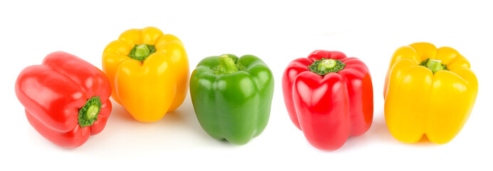 Set of sweet peppers isolated on white. Wide photo.