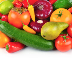 Set of vegetables and fruits isolated on white. Free space for text.