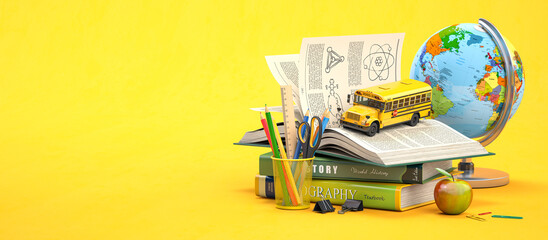 Fototapeta Back to school, education and learning concept. School  accessories, books and textbooks, school bus, pencils and globe. obraz