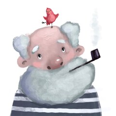 funny old man with bird and pipe watercolor portrait, children's illustration with cartoon character