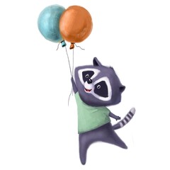 cute raccoon with air balloons watercolor illustration, holiday clipart with cartoon character