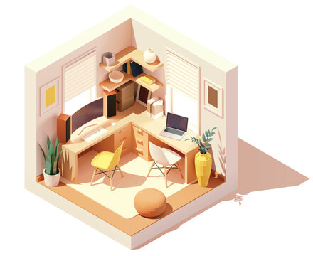 Vector isometric workplace in home office room for two people. Office table and chair, modern wide screen computer monitor, laptop, bookshelf