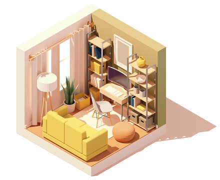 Vector isometric workplace in home office room. Office table and chair, modern wide screen computer monitor, floor lamp, chair, bookshelf