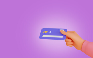 Cartoon holding credit card, online shopping concept, 3D render illustration