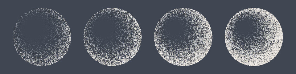 Round shaped dotted objects, stipple elements. Fading gradient. Stippling, dotwork drawing, shading using dots. Pixel disintegration, halftone effect. White noise grainy texture. Vector illustration