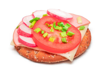 Crispy Cracker Sandwich with Tomato, Sausage, Cheese, Green Onions and Radish - Isolated on White. Easy Breakfast. Diet Food. Quick and Healthy Sandwiches. Crispbread with Tasty Filling - Isolation