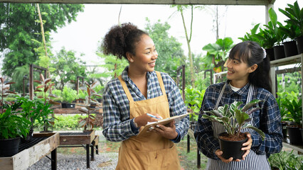 Portrait of mixed-races beautiful women partner owner standing in own tree shop and smiling to camera. Asian and African American females business partners working garden store. Business concept.