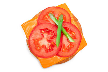 Crispy Cracker Sandwich with Tomato, Cheese and Green Onions - Isolated on White. Easy Breakfast. Quick and Healthy Sandwiches. Crispbread with Tasty Filling. Healthy Dietary Snack - Isolation