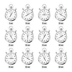 Realistic classic stopwatch icons. Shiny metal chronometer, time counter with dial. Countdown timer showing minutes and seconds. Time measurement for sport, start and finish. Vector illustration