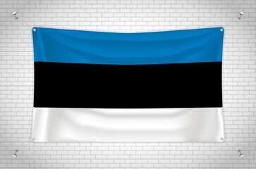 Estonia flag hanging on brick wall. 3D drawing. Flag attached to the wall. Neatly drawing in groups on separate layers for easy editing.