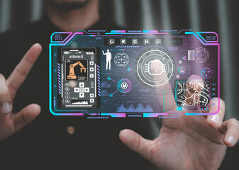 online system control .control automation robot arms machine in intelligent factory industrial.connected with planet through global.