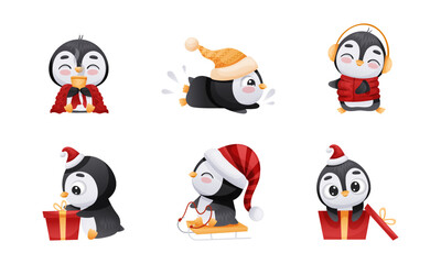 Adorable Penguin in Warm Winter Hat Engaged in Different Activity Vector Set