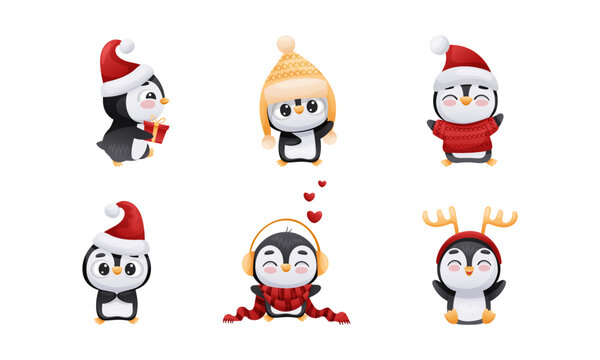 Adorable Penguin in Warm Winter Hat and Scarf Engaged in Different Activity Vector Set