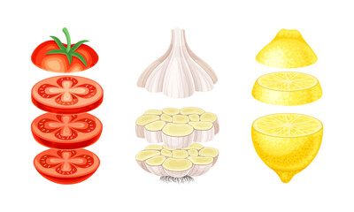 Sliced Tomato, Garlic and Lemon Arranged in Vertical Row as Cut Food Vector Set