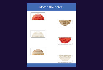 Matching game. Match halves of objects. Educational game for children, printable worksheet