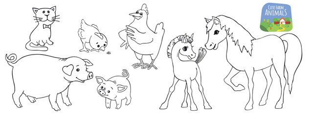 Cute farm animals. Cartoon style. Funny cartoon character. Cute baby animals set. Village landscape. Farm animals.