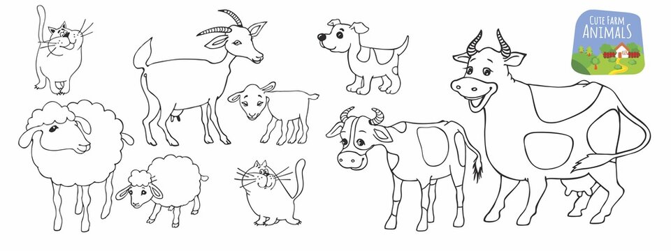 Cute farm animals. Cartoon style. Funny cartoon character. Cute baby animals set. Village landscape. Farm animals.