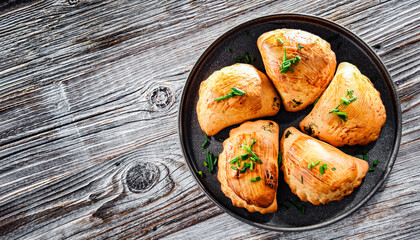 Composition with a plate of oven-baked pierogi