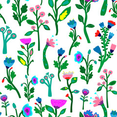 Fototapeta premium Contemporary floral seamless pattern. Strange shapes flower background. Tropical plants endless wallpaper.