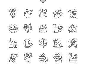 Grape fruit. Barrel of wine. Nature organic food nutrition. Food shop, supermarket. Pixel Perfect Vector Thin Line Icons. Simple Minimal Pictogram