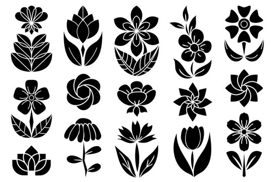 Flower clipart collection. Laser cut vector flowers for printing and cutting decorations, floral set with black shape leaves and petals. 