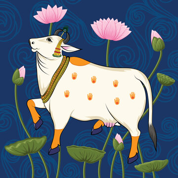 Indian Traditional Rajasthani Painting Cow and Lotus in Pattern Background