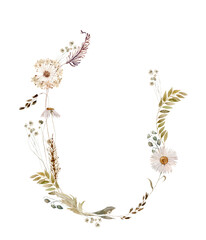 Wildflowers, herbs boho wreath painted in watercolor. Dried pampas grass floral border, frame. Botanical boho elements isolated on white. Wedding invitation, greeting, card, print, scrapbooking