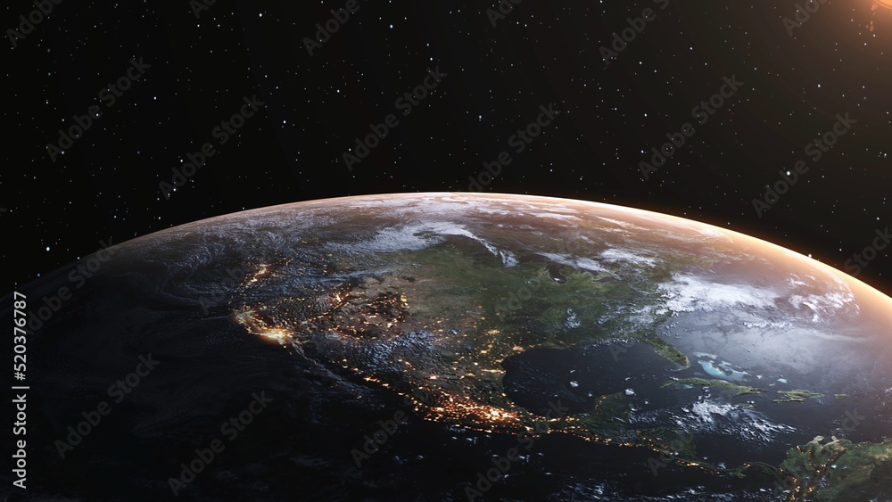 Wall mural planet earth with realistic geography surface and orbital 3d cloud atmosphere . outer space view of 