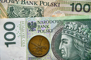 polski banknot i duńska  moneta, banknote and Danish coin