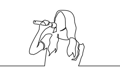 Woman sing a song continuous one line drawing of singer music person. Singer in continuous line art drawing style. Young woman holding microphone and singing. Black linear sketch isolated on white