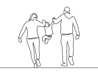 Continuous one line drawing of family vector, Concept of father, mother, and son. Parents help their kid walking. One single line drawing of young happy mother and father lead their son walking.