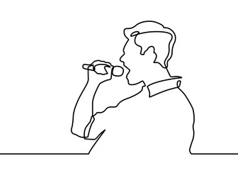 Man singing use microphone one line continuous single line art. Man singing karaoke continuous one line drawing. Speaker with microphone tells a speech. Amateur song contest, competition.