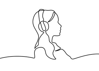 continuous single drawn one line. girl woman listens to music with headphones hand-drawn picture silhouette. Line art. Woman with Headphones Minimalist One Line Drawing. Female Head Contour