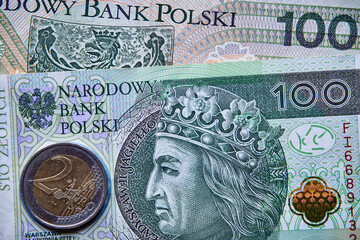 polski banknot i moneta euro , Polish banknote and euro coin - obrazy, fototapety, plakaty