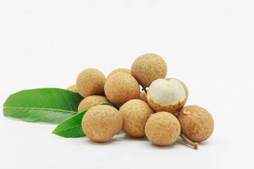 Fruit fresh longan with leaf  on a white background,with copy space  close up