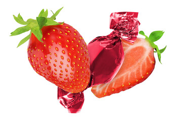 Strawberries and candy in a red foil wrapper on an isolated white background.