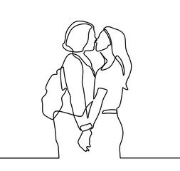 Continuous Drawing Of Two Lesbians Kissing Each Other. Lesbian girls are kissing. Homosexual couple, love, romantic, kiss. Women. LGBT family. Vector isolated black and white line drawing. LGBTQ+ 