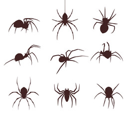 Set of nine silhouettes of spiders
