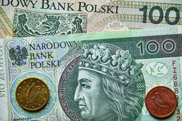 polski banknot i moneta euro ,Polish banknote and euro coin