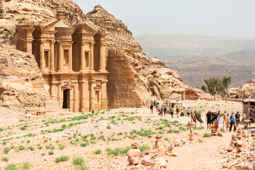 Petra, Jordan - April 19, 2022. Tourists near A-Dir Monastery, Petra's largest monument, Jordan....